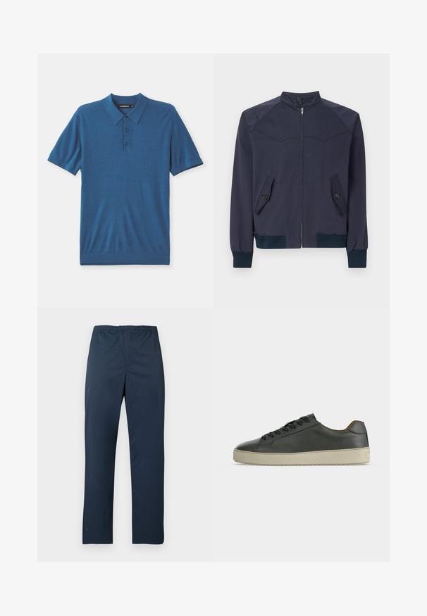 Ναυτικό μπλε bomber jacket με όρθιο γιακά, μπροστινό φερμουάρ και δύο κεκλιμένες τσέπες. Διαθέτει ριχτές μανσέτες και λάστιχο στη μέση.; Μπλε πόλο μπλούζα από μαλακό ύφασμα, με γιακά, τριπλή κουμπότρυπα και κοντά μανίκια. Διακριτική λεπτομέρεια λογότυπου στο στήθος.; Παντελόνι σε ναυτικό μπλε χρώμα, ελαφρύ, με ελαστική μέση και ίσια μπατζάκια. Ομαλή υφή χωρίς ορατά σχέδια ή διακοσμητικά στοιχεία.; Λευκό χαμηλό υπόδημα από μαύρο δέρμα με μαύρα κορδόνια και εκρου λαστιχένια σόλα, από τη εξωτερική πλευρά σε λευκό φόντο.