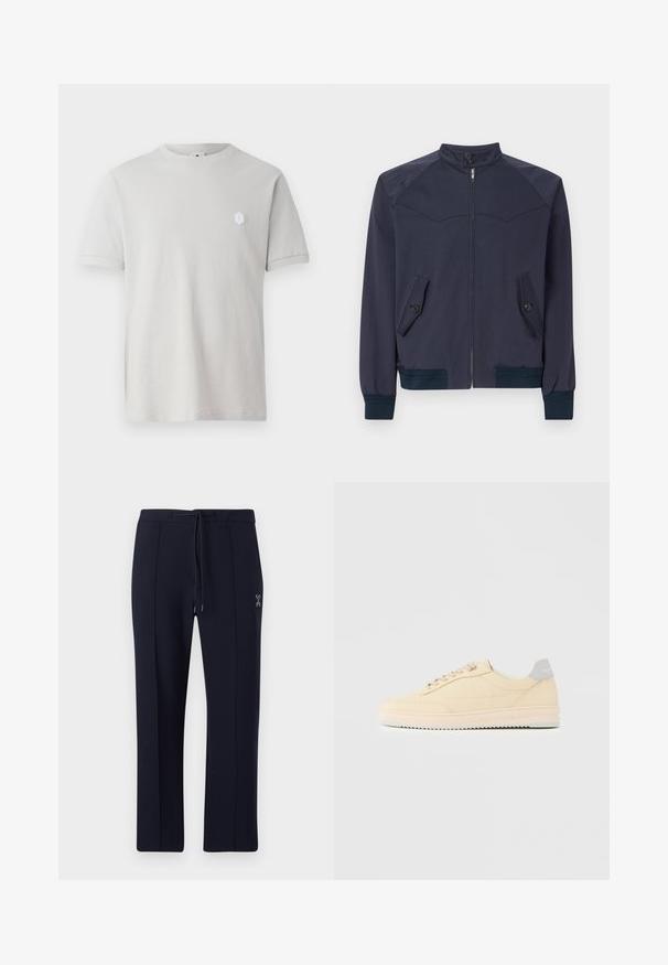 Veste aviateur bleu marine avec col montant, fermeture éclair sur le devant et deux poches inclinées ; comporte des poignets et une taille côtelés.; T-shirt en coton gris clair avec des manches courtes, un col rond, et un petit logo hexagonal blanc sur le coin supérieur gauche. Texture lisse.; Pantalons navy à coupe décontractée, avec une taille à cordon de serrage et des poches latérales. Tissu lisse avec de légères plis à l'avant et un détail de logo.; Baskets basses beige à lacets, semelle rose clair et languette grise à l'arrière marquée "Filling Pieces", vues de profil sur fond uni.