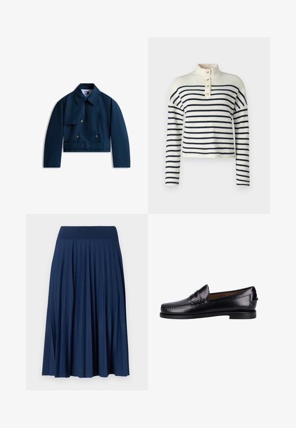 Trench-coat court bleu marine avec large col, boutons croisés, ceinture à la taille et manches longues sur fond blanc.; Pull en maille rayé en blanc cassé et bleu marine, avec un col haut, des manches longues et cinq boutons décoratifs dorés au niveau de l'encolure.; Jupe plissée bleu marine avec une large ceinture, fabriquée en tissu doux. Présente des plis verticaux pour une texture et un mouvement fluide.; Mocassins en cuir noir avec une finition lisse, un bout rond, des coutures décoratives et un talon bas. Le design est minimaliste, sans éléments de quincaillerie visibles.