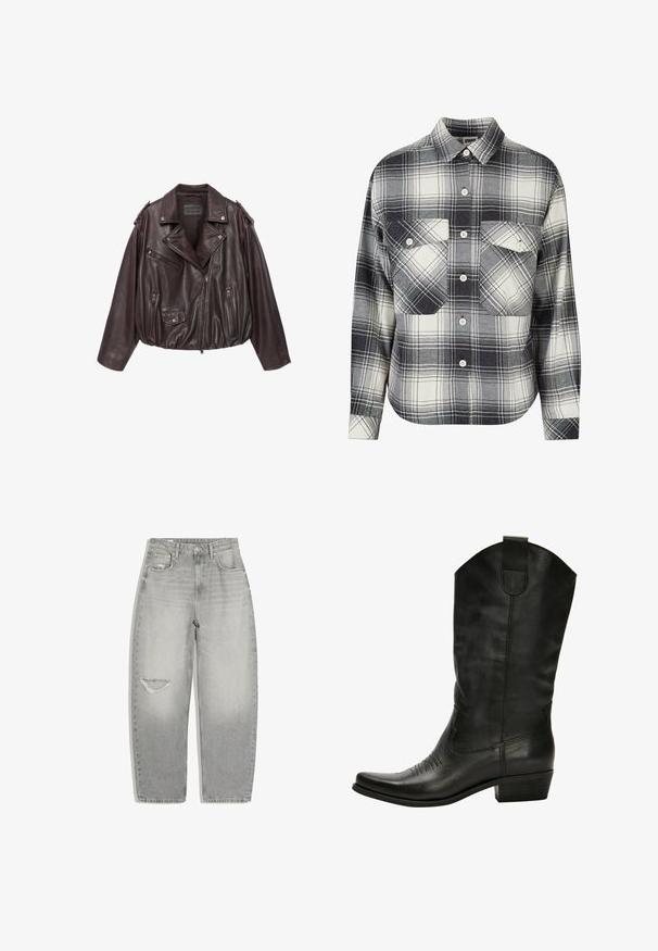 Dunkelbraune Leder-Bikerjacke mit asymmetrischem Frontreißverschluss, drei Reißverschlusstaschen und einer mit Knopf verschlossenen Klappentasche, flach auf weißem Hintergrund liegend.; Karierte Flanellhemd in Schwarz, Weiß und Grau. Mit Knopfverschluss, zwei Brusttaschen und langen Ärmeln mit geknöpften Manschetten.; Hellgraue High-Waist-Jeans mit Knopf- und Reißverschluss, Fronttaschen und einem abgenutzten Riss am linken Oberschenkel.; Schwarze Leder-Cowboystiefel mit spitzem Zehenbereich, dezenten Steppnähten und einem gestapelten Absatz. Sie besitzen einen hohen Schaft und eine Zuglasche.