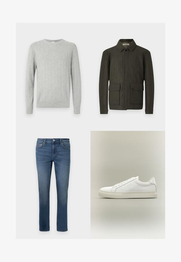 Veste en laine vert olive avec un col, fermeture à boutons sur le devant et deux grandes poches à bouton. Dispose d'un tissu texturé et d'une coupe droite.; Pull tricoté gris clair avec texture côtelée, col ras du cou et manches longues. Design simple, avec ourlet droit et matériau durable.; Jean en denim bleu avec une coupe droite, ornés de cinq poches et d'un léger délavage. Comprend une fermeture à bouton et un zip à l'avant.; Baskets blanches basses à lacets sur l’avant et semelle épaisse, vues de côté sur un fond neutre.