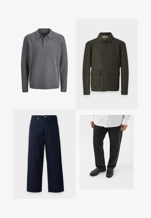 Olivengrønt uldjakke med krave, frontknaplukning og to store lomme med knap. Har et struktureret stof og en lige pasform.; Grå strikket sweater med lange ærmer, ribstrikkede manchetter og kant, krave og tre-knaps åbning.; Mørkeblå denim brede jeans med knaplukning, forlommer og subtil tekstur, med lige kanter og en afslappet pasform.; Sorte denimbukser parret med skinnende sorte loafers. Skjorten er hvid med tynde lodrette striber, har lange ærmer og en knapkrave.
