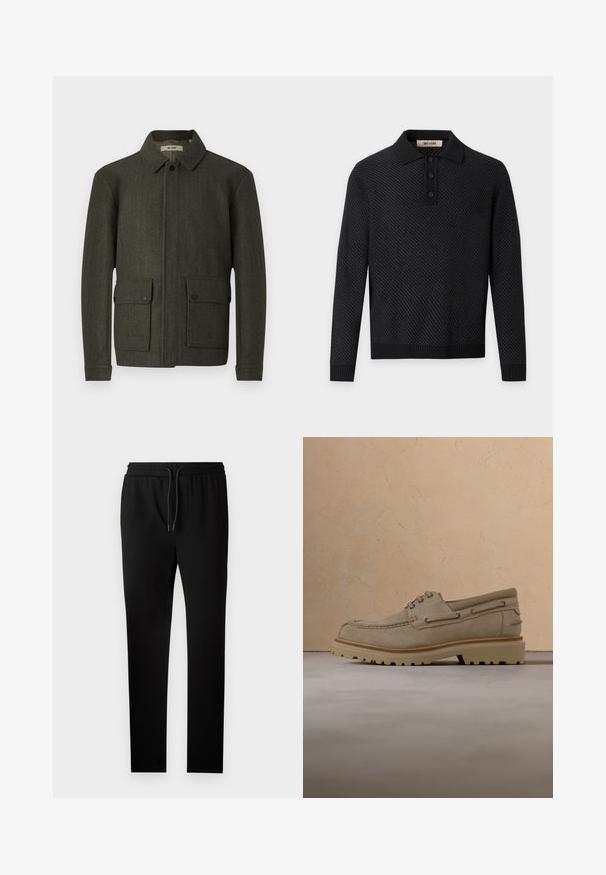 Veste en laine vert olive avec un col, fermeture à boutons sur le devant et deux grandes poches à bouton. Dispose d'un tissu texturé et d'une coupe droite.; Polo noir à manches longues avec motif texturé, poignets et ourlet côtelés, et patte de boutonnage à trois boutons sur fond gris clair.; Pantalons de jogging noirs au coupe ajustée, avec une taille élastique et un cordon de serrage. Fabriqués en tissu doux avec une texture lisse et sans motifs visibles.; Chaussure décontractée beige en daim à lacets avec une semelle épaisse et rainurée, présentée en suspension au-dessus d'une surface texturée beige assortie et d'un arrière-plan.