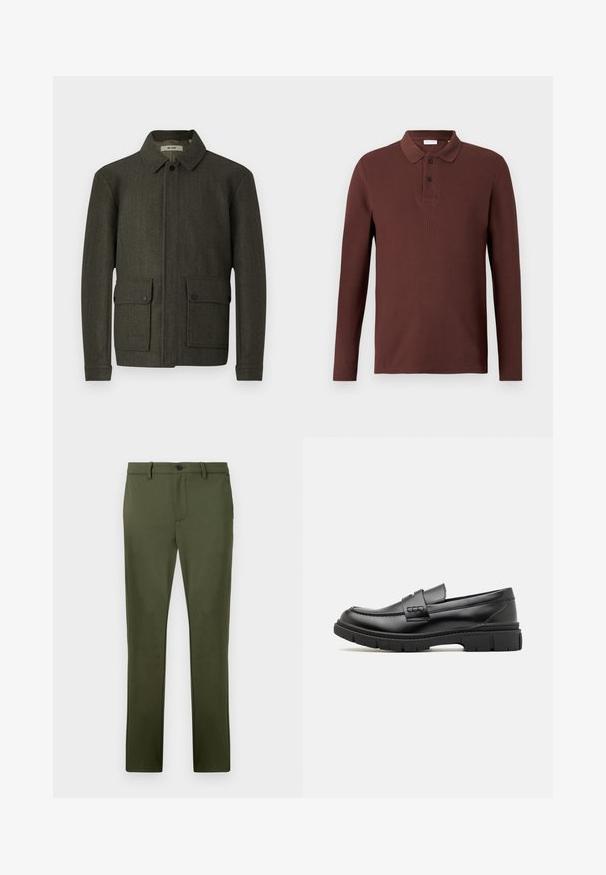 Veste en laine vert olive avec un col, fermeture à boutons sur le devant et deux grandes poches à bouton. Dispose d'un tissu texturé et d'une coupe droite.; Polo à manches longues marron en tissu texturé, avec une patte de boutonnage à trois boutons et un col classique. Pas de logos ou motifs visibles.; Pantalon vert olive en tissu lisse, avec une coupe droite, des poches avant et une fermeture à un bouton. Détails de design minimalistes.; Mocassin en cuir noir avec une large sangle sur le devant, semelle en caoutchouc à épaisse rainure, et texture lisse. Design classique et élégant.