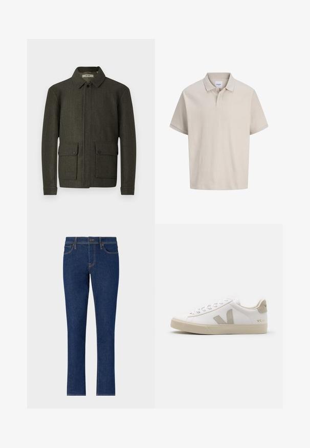 Olivengrønt uldjakke med krave, frontknaplukning og to store lomme med knap. Har et struktureret stof og en lige pasform.; Beige kortærmet polo med subtile lodrette striber, en klassisk krave og en to-knaps stolpe.; Mørkeblå denim jeans med lige ben-design, der har diskrete sømme, fem lommer og en knaplukning i taljen.; Hvide lædersneakers med beige detaljer, flad gummisål, rund tå og kontrasterende logo på siden og bagsiden. Snørebåndsdesign.