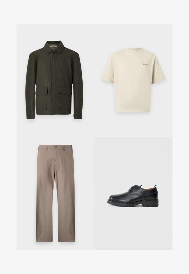 Olivengrønt uldjakke med krave, frontknaplukning og to store lomme med knap. Har et struktureret stof og en lige pasform.; Beige bomulds t-shirt med korte ærmer, en rund halsudskæring og et lille "SELECTED" logo på venstre bryst. Glat tekstur.; Beige lige ben bukser lavet af letvægtsstof med knaplukning, der har forlommer og ren syning.; Sorte læder derby-sko med en glat overflade, rund tå, snøre-design og en tyk, robust gummisål.