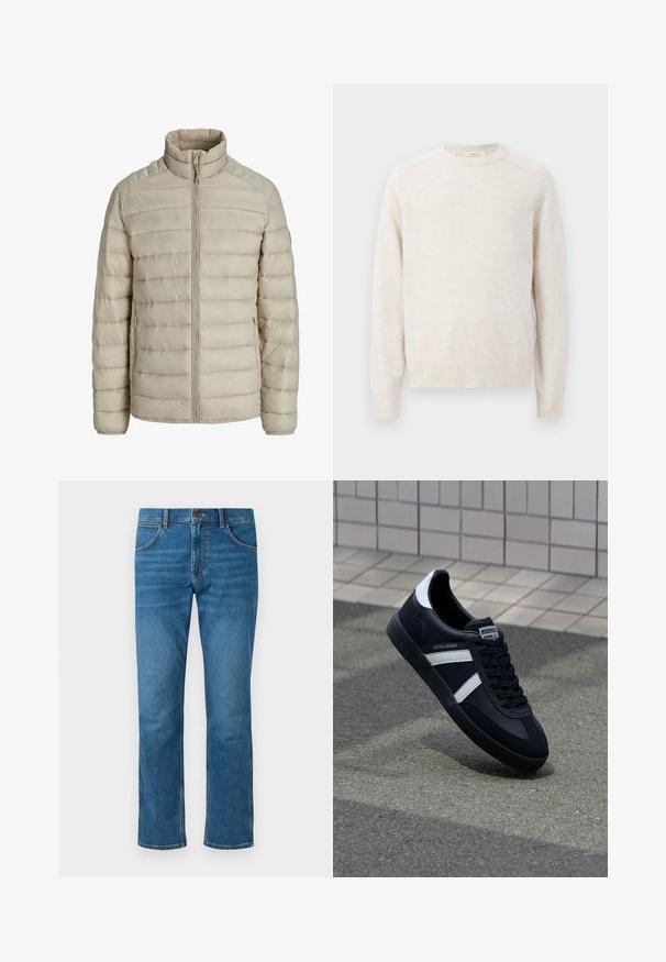 Beige quiltet letvægtsjakke med horisontale syninger, stående krave, fuld frontlynlås og lynlåslommer i siderne.; Flødefarvet sweater med rund halsudskæring, ribbede manchetter og kant. Blød tekstur med et enkelt, rent design og raglanærmer.; Blå denim jeans med fem lommer, knaplukning og lige ben. Har subtilt slid og kontrastsyede detaljer.; Sort lædersneaker med hvide striber, tekstureret gummisål og snørrebånd foran. Har et brandet mærke på tungen.