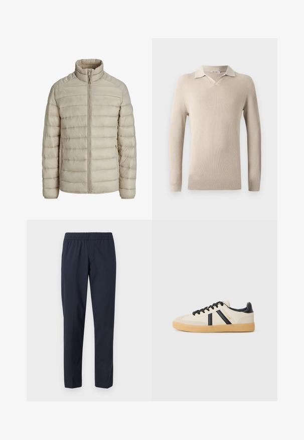 Veste légère matelassée beige avec coutures horizontales, col montant, fermeture éclair intégrale à l'avant et poches latérales zippées.; Polo beige à manches longues avec un col en V et texture côtelée. Tissu doux avec un col classique et une coupe ajustée.; Pantalon bleu marine avec une taille élastique, jambes droites, tissu léger et sans poches ni ornements visibles.; Baskets décontractées en crème avec des rayures noires, présentant un dessus texturé et une semelle en caoutchouc. Les lacets sont noirs. Logo discret sur le côté.