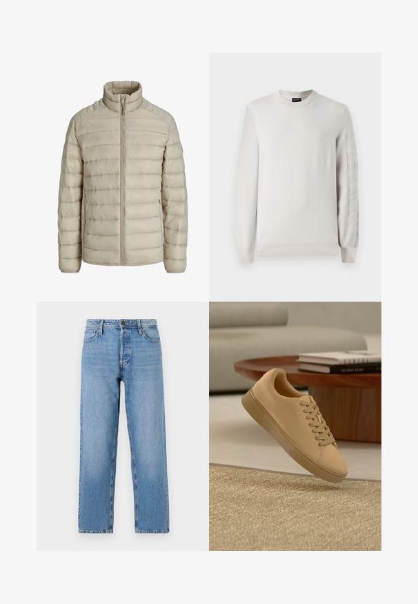 Beige doorgestikte lichte jas met horizontale steken, opstaande kraag, volledige frontritssluiting en ritssluitbare zijzakken.; Lichtgrijze gebreide trui met ronde halslijn en long sleeves. Heeft verhoging van het logo tekst langs de linkermouw. Zachte textuur, ribbelige manchetten.; Lichtblauwe denim jeans met een recht beenontwerp, voorzien van een knoop- en ritsluiting, vijf zakken en subtiele vervaging.; Beige vetersneaker die boven een gestructureerd tapijt zweeft, met een houten salontafel en gestapelde boeken op een wazige achtergrond.