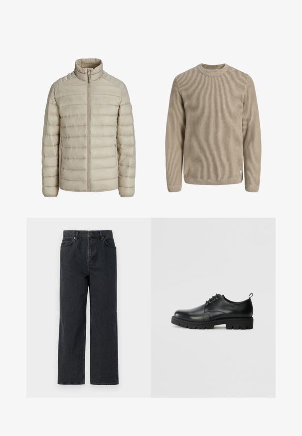 Beige gesteppte leichte Jacke mit horizontalen Nähten, Stehkragen, durchgehendem Frontreißverschluss und seitlichen Reißverschlusstaschen.; Beiger gerippter Strickpullover mit langen Ärmeln und rundem Ausschnitt, vor einem hellen Hintergrund dargestellt.; Dunkelblaue Denim-Hosen mit weitem Bein, Fünf-Taschen-Design und Knopfverschluss. Enthält Hardware in kupferfarbener Ausführung und eine subtile Textur.; Schwarze Lederschuhe mit runder Zehenform, ausgestattet mit einer Schnürung, robustem schwarzen Gummisohle und einer kleinen Fersenschlaufe auf der Rückseite.
