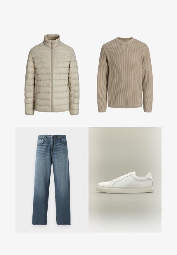 Beige quiltet letvægtsjakke med horisontale syninger, stående krave, fuld frontlynlås og lynlåslommer i siderne.; Beige ribstrikket sweater med lange ærmer og rund halsudskæring, vist mod en lys baggrund.; Lige ben blå denim jeans med en falmet vask, der har fem lommers design, metallisk knap og bæltestropper. Struktureret, medium vægt stof.; Hvid lavtop sneaker med snørebånd foran og tyk sål, vist fra siden mod en neutral baggrund.