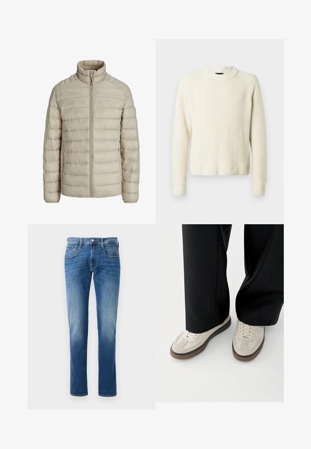 Beige gesteppte leichte Jacke mit horizontalen Nähten, Stehkragen, durchgehendem Frontreißverschluss und seitlichen Reißverschlusstaschen.; Cremfarbener Strickpullover mit langen Ärmeln, gerippten Bündchen und Saum sowie einem runden Ausschnitt vor einem schlichten weißen Hintergrund.; Herren Jeans aus blauem Denim mit einem verwaschenen Finish, gerader Beinschnitt, fünf Taschen und einem Knopfverschluss vorne. Genähte Akzente an den Taschen.; Füße mit beigen Sneakers mit braunen Sohlen und schwarzen Hosen mit weitem Bein auf weißem Hintergrund.