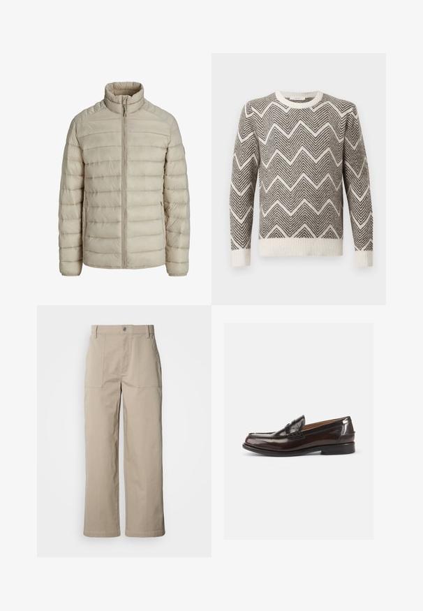 Beige quiltet letvægtsjakke med horisontale syninger, stående krave, fuld frontlynlås og lynlåslommer i siderne.; Grå og hvid zigzag-mønstret sweater med rund hals og ribbede manchetter og kant. Fremstillet af et struktureret strikmateriale.; Beige bukser med vide ben lavet af bomuld; har forlommer, knaplukning og synlig syning langs kanterne.; Brune læder loafers med en blank finish, et syet design ved tåen og en lav hæl. Der er også en præget brandingdetalje på siden.