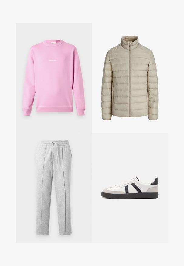 Beige gesteppte leichte Jacke mit horizontalen Nähten, Stehkragen, durchgehendem Frontreißverschluss und seitlichen Reißverschlusstaschen.; Rosa Sweatshirt aus Baumwollmischung, mit langen Ärmeln und rundem Ausschnitt. Mit einem weißen Logo in Schreibschrift auf der Vorderseite.; Graue Jogginghose mit elastischem Bund, geraden Beinen, Seitennähten und einer weichen Textur. Geeignet für Freizeitkleidung oder Sport.; Weiße Sneaker mit schwarz- und grau-aczenten, ausgestattet mit einer strukturierten grauen Zehenkappe, schwarzer Gummi-Sohle und flachen weißen Schnürsenkeln. Sauberes Design, minimalistische Stil.