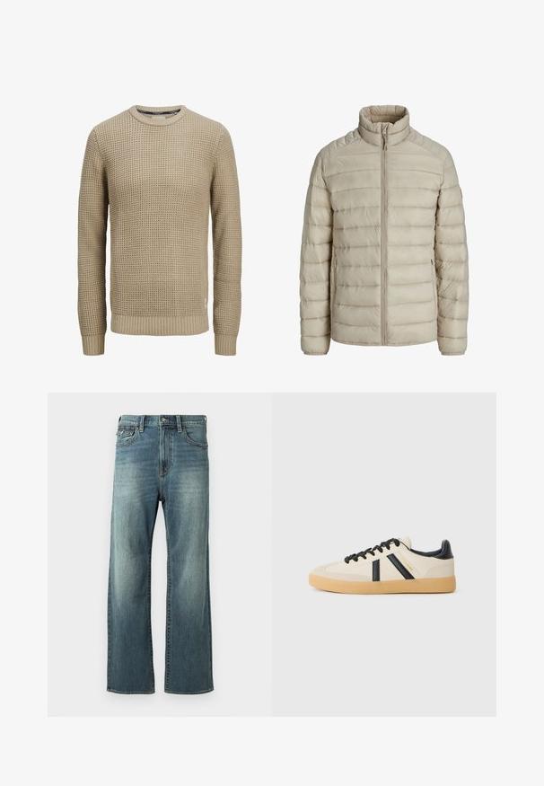 Chaqueta ligera acolchada beige con costuras horizontales, cuello alto, cierre frontal completo y bolsillos laterales con cremallera.; Jersey beige de punto de manga larga con patrón texturizado tipo gofre, cuello redondo y puños y dobladillo acanalados.; Jeans de mezclilla azul claro con corte recto, un ligero desvanecimiento, cinco bolsillos y presillas para cinturón. Presenta detalles de costura y un cierre de botón.; Zapatillas casuales en crema con rayas negras, con parte superior texturizada y suela de goma. Los cordones son negros. Logo sutil en el costado.