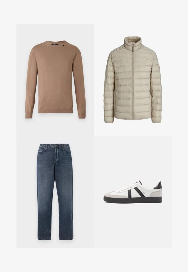 Beige quiltet letvægtsjakke med horisontale syninger, stående krave, fuld frontlynlås og lynlåslommer i siderne.; Beige langærmet sweater med rund halsudskæring, lavet af blødt, tekstureret stof. Har ribbede manchetter og søm samt en lille logodetalje.; Jack & Jones Loose-fit JJIEDDIE JJORIGINAL SQ 227 - Baggy jeans - blue denim; Hvide sneakers med sorte og grå detaljer, med en tekstureret grå tåhætte, sort gummisål og flade hvide snørebånd. Rent design, minimalistisk stil.