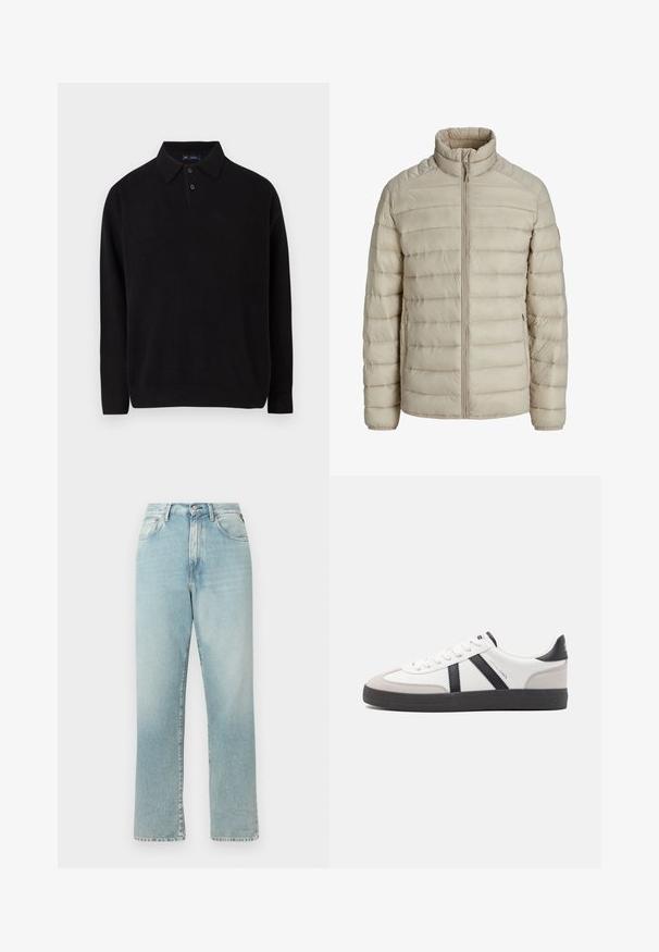 Veste légère matelassée beige avec coutures horizontales, col montant, fermeture éclair intégrale à l'avant et poches latérales zippées.; Pull noir avec un col, patte de boutonnage à trois boutons, poignets et ourlet côtelés, fabriqué en maille douce.; Jean en denim bleu clair taille haute avec coupe droite. Il présente un design classique à cinq poches et une fermeture éclair avec bouton.; Baskets blanches avec des accents noirs et gris, présentant un embout texturé gris, une semelle en caoutchouc noir et des lacets plats blancs. Design épuré, style minimaliste.