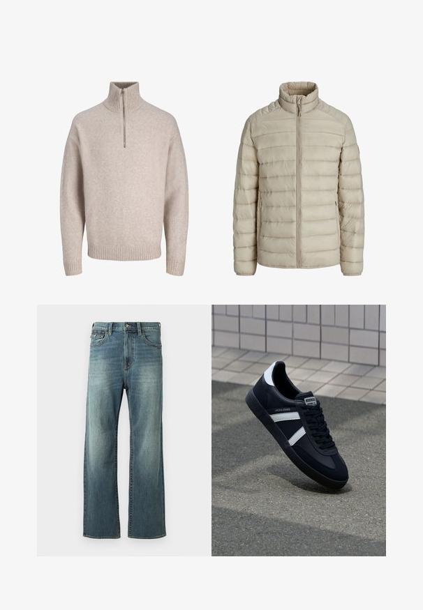 Veste légère matelassée beige avec coutures horizontales, col montant, fermeture éclair intégrale à l'avant et poches latérales zippées.; Pull en tricot beige à fermeture éclair quart, fabriqué dans un tissu doux. Présente un col et des poignets côtelés, avec une coupe décontractée et un design sans coutures.; Jeans en denim bleu clair avec une coupe droite, un léger délavage, cinq poches et des passants de ceinture. Comprend des accents de couture et une fermeture à bouton.; Sneaker en cuir noir avec des rayures blanches, semelle en caoutchouc texturée et devant à lacets. Présente une étiquette de marque sur la languette.