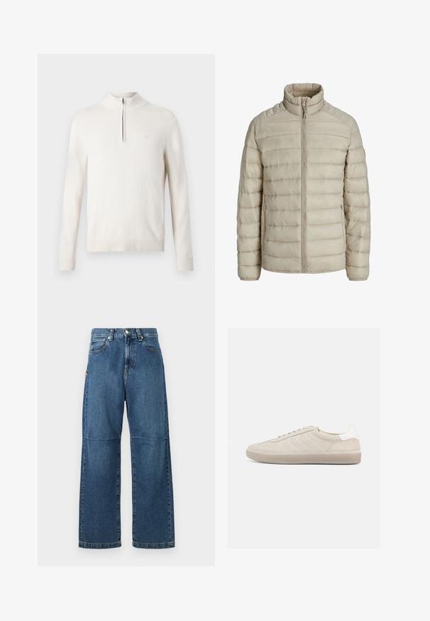 Veste légère matelassée beige avec coutures horizontales, col montant, fermeture éclair intégrale à l'avant et poches latérales zippées.; Pull-over beige clair avec col zippé, poignets et ourlet côtelés, fabriqué en tissu doux, comportant un petit logo sur la poitrine.; Jeans en denim bleu avec une coupe relaxée, des jambes droites, des coutures visibles et une fermeture à bouton à l'avant. Comprend une poche latérale avec un accent.; Baskets en daim beige avec une tige texturée, un contrefort de talon blanc lisse, de fines lacets et une semelle extérieure en caoutchouc. Présente un design bas profil.
