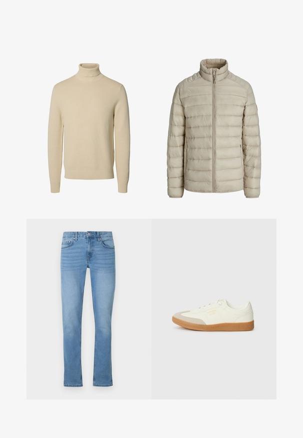 Chaqueta ligera acolchada beige con costuras horizontales, cuello alto, cierre frontal completo y bolsillos laterales con cremallera.; Jersey de punto beige con cuello vuelto, mangas largas y puños y bajo acanalados, mostrado sobre un fondo blanco liso.; Vaqueros de mezclilla azul claro con corte de pierna recta, cinco bolsillos, cierre de botón y un sutil detalle de decoloración en la parte delantera.; Zapatilla de cuero blanca con puntera beige y suela de goma marrón claro. Presenta cordones planos blancos y una marca en relieve en el lateral.