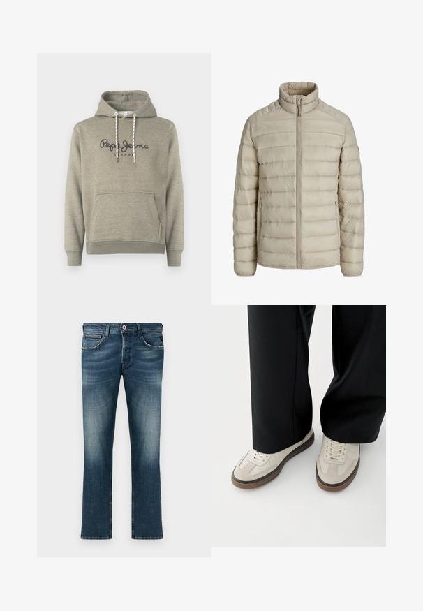 Beige tikattu kevyt takki vaakasuorilla saumoilla, pystokaulus, kokopitkä vetoketju edessä ja vetoketjutaskut sivuilla.; Vaaleanharmaa huppari, jossa on etutasku, valkoiset kiristysnauhat ja "Pepe Jeans London" -teksti tummanharmaalla rinnassa.; Tummansiniset farkut, joissa on kulutettu pesu. Ominaisuuksina klassinen viiden taskun muotoilu, suora lahje ja punainen korostusnappi.; Jalat, joissa on beigejä tennareita ruskeilla pohjilla ja mustat leveälahkeiset housut valkoisella taustalla.