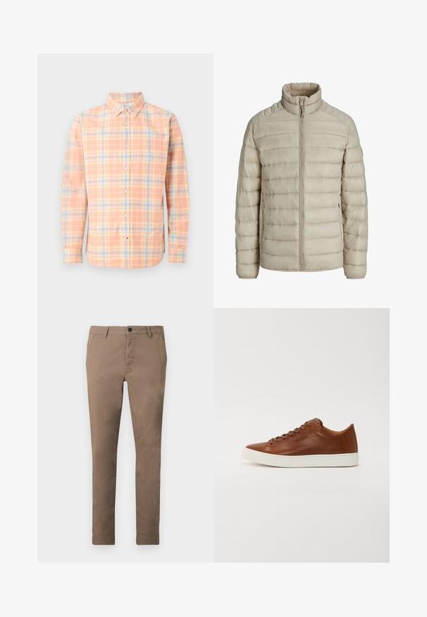 Veste légère matelassée beige avec coutures horizontales, col montant, fermeture éclair intégrale à l'avant et poches latérales zippées.; Chemise homme à manches longues boutonnée avec motif à carreaux pêche, crème et bleu, et une poche poitrine.; Pantalon marron ajusté pour homme avec fermeture à boutons et zip sur le devant, passants de ceinture et poches latérales, présenté à plat sur fond blanc.; Baskets en cuir brun avec un bout arrondi, semelle en caoutchouc blanc et lignes épurées. Présente une fermeture lacée et un logo discret sur le côté.
