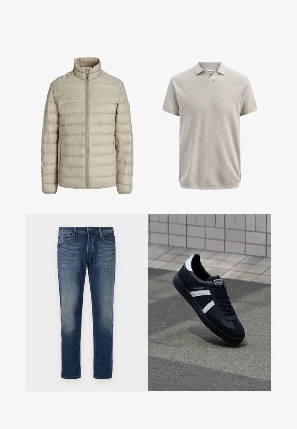 Beige doorgestikte lichte jas met horizontale steken, opstaande kraag, volledige frontritssluiting en ritssluitbare zijzakken.; Beige poloshirt met korte mouwen en structuur, voorzien van een kraag en een lichte V-hals, met het label Jack & Jones.; Donkerblauwe spijkerbroek met een klassieke pasvorm, vijf zakken, subtiele vervaging op de dijen en een rechte pijp. Metalen knoopsluiting.; Zwarte leren sneaker met witte strepen, een gestructureerde rubberen zool en vetersluiting aan de voorkant. Voorzien van een merklabel op de tong.