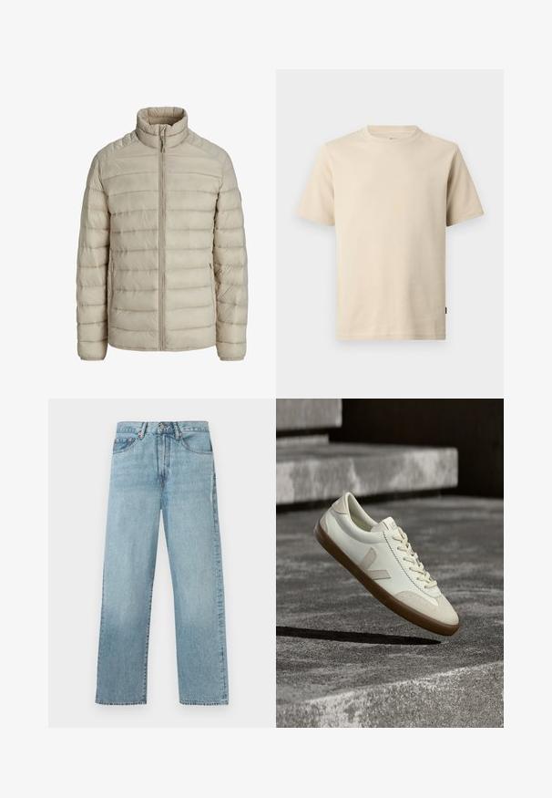 Beige quiltet letvægtsjakke med horisontale syninger, stående krave, fuld frontlynlås og lynlåslommer i siderne.; Beige kortærmet bomulds-T-shirt med rund halsudskæring, minimal syning og en lille tonet logo på venstre bryst.; Lyseblå denimjeans med lige ben, fem lomme-design og knaplukning i taljen.; Hvide læder sneakers med tanfarvet gummisål, flade snørebånd og V-formet detalje på siden. Har en glat overflade og minimale syninger.