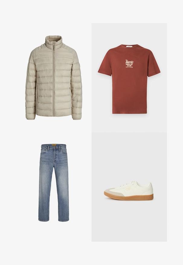 Beige quiltet letvægtsjakke med horisontale syninger, stående krave, fuld frontlynlås og lynlåslommer i siderne.; Kortærmet t-shirt i rustfarvet bomuld med et hvidt printet logo "the Biarritz Replay Club Cote d'Azur" på brystet.; Lys blå lige ben jeans lavet af denim, med en falmet vask, fem lomme-design, bæltestropper og lynlås med knaplukning.; Sneaker lavet af hvid læder med en beige tåhætte og let brunt gummisål. Har flade hvide snørebånd og prægede branding på siden.