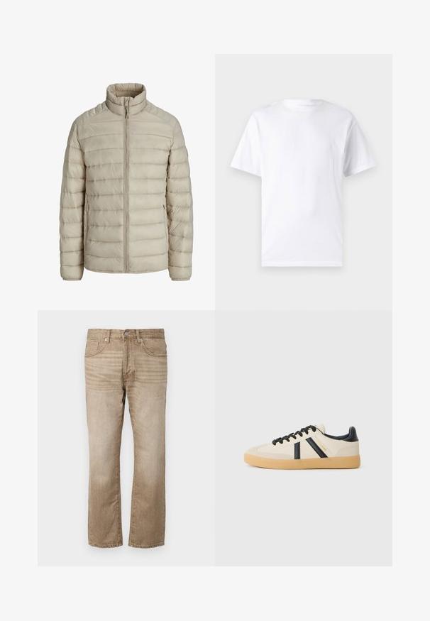 Beige gesteppte leichte Jacke mit horizontalen Nähten, Stehkragen, durchgehendem Frontreißverschluss und seitlichen Reißverschlusstaschen.; Weißes kurzärmeliges T-Shirt aus Baumwolle mit Rundhalsausschnitt, das eine glatte Textur und ein einfaches Design ohne Muster oder Akzente aufweist.; Beige Denim-Jeans im Straight-Leg-Design mit fünf Taschen, Knopfverschluss und dezentem Verblassen des Stoffes.; Legere Sneaker in Creme mit schwarzen Streifen, mit einer strukturierten Oberseite und einer Sohle aus Gummi. Die Schnürsenkel sind schwarz. Diskretes Logo an der Seite.