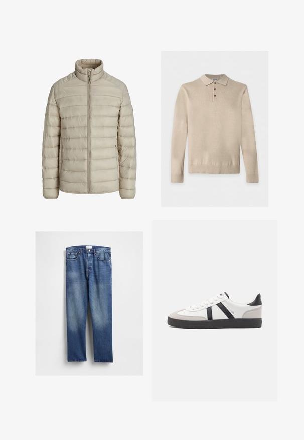 Beige doorgestikte lichte jas met horizontale steken, opstaande kraag, volledige frontritssluiting en ritssluitbare zijzakken.; Beige gebreide poloshirt met lange mouwen, drie knopen en geribde boorden en zoom, plat gelegd op een witte achtergrond.; Blauwe denim jeans met een rechte pijp, voorzien van vervaging aan de voorkant, klassiek vijfzakkenontwerp en metalen klinknagels bij de zakken.; Witte sneaker met zwarte en grijze accenten, voorzien van een grijze neus met textuur, zwarte rubberen zool en platte witte veters. Schoon ontwerp, minimalistische stijl.