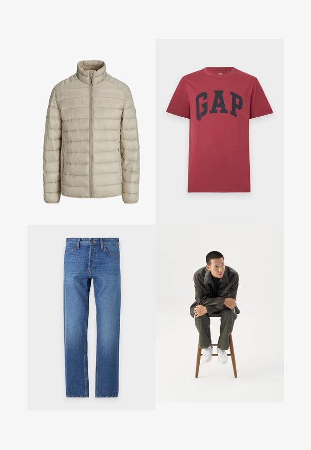 Chaqueta ligera acolchada beige con costuras horizontales, cuello alto, cierre frontal completo y bolsillos laterales con cremallera.; Camiseta roja de manga corta con cuello redondo y gran texto negro "GAP" centrado en el pecho.; Jeans de mezclilla azul con corte recto, diseño clásico de cinco bolsillos, costuras de cobre y un acabado deslavado para un aspecto usado.; Joven con chaqueta de cuero oscura y vaqueros sentado en un taburete de madera, inclinado hacia adelante con los brazos cruzados, mirando hacia un lado contra un fondo blanco.