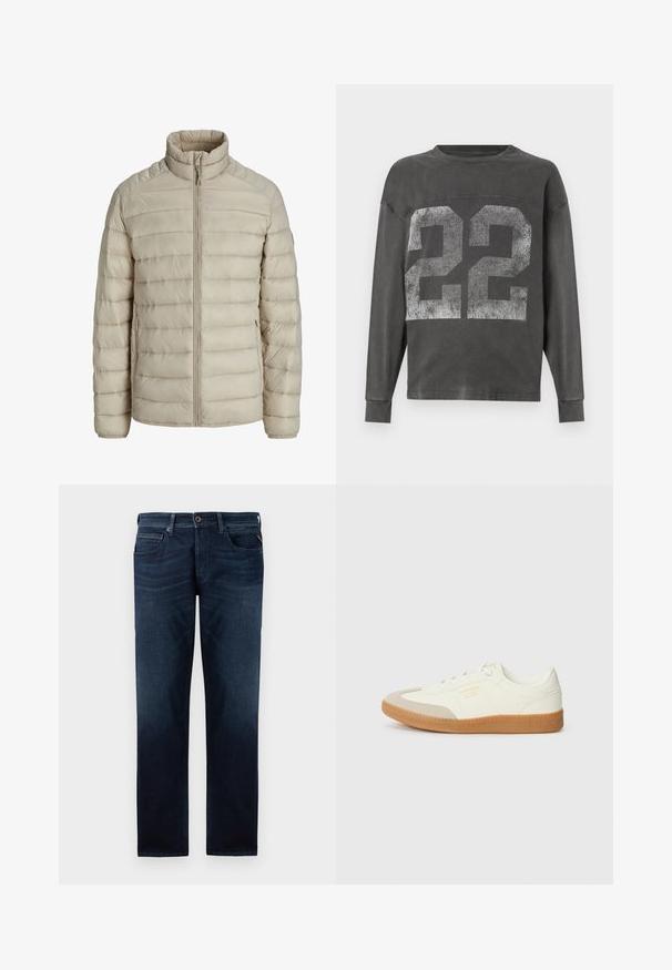 Beige gesteppte leichte Jacke mit horizontalen Nähten, Stehkragen, durchgehendem Frontreißverschluss und seitlichen Reißverschlusstaschen.; Dunkelgrauer Langarm-Sweatshirt mit großem, verblasstem weißen Aufdruck der Nummer 22 auf der Vorderseite, Rundhalsausschnitt und gerippten Bündchen.; Dunkelblaue Jeans aus Denim mit geradem Bein, fünf Taschenstil und sichtbarem Knopfverschluss an der Taille. Glatte Textur.; Sneaker aus weißem Leder mit einer beigen Zehenkappe und leichter brauner Gummisohle. Verfügt über flache weiße Schnürsenkel und geprägtes Branding an der Seite.