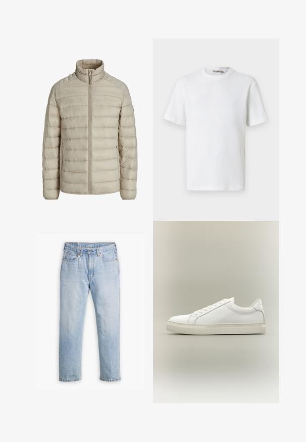 Beige gesteppte leichte Jacke mit horizontalen Nähten, Stehkragen, durchgehendem Frontreißverschluss und seitlichen Reißverschlusstaschen.; Weißes, kurzärmeliges T-Shirt mit Waffelstrick und Rundhalsausschnitt, mit kleinem Markenetikett im Kragen, auf einfarbigem Hintergrund präsentiert.; Helle blaue Denim-Jeans mit geradem Bein, im Fünf-Taschen-Stil und kontrastierenden Nähten. Knopf- und Reißverschluss an der Taille.; Weißer Sneaker mit niedrigem Schaft, vorn mit Schnürung und dicker Sohle, aus der Seitenansicht vor neutralem Hintergrund.