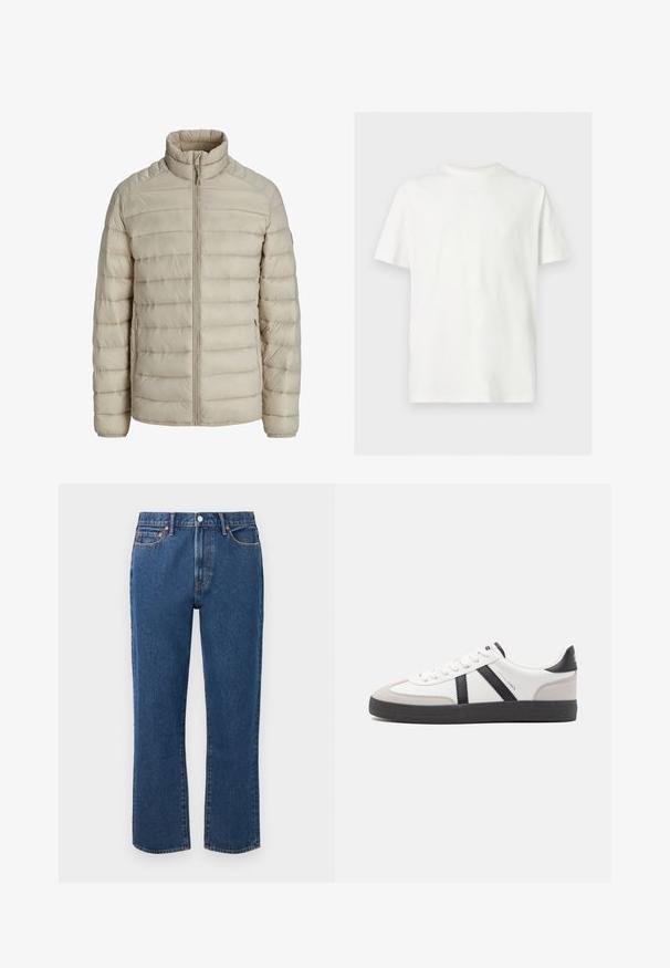 Beige gesteppte leichte Jacke mit horizontalen Nähten, Stehkragen, durchgehendem Frontreißverschluss und seitlichen Reißverschlusstaschen.; Weißes T-Shirt mit kurzen Ärmeln und Rundhalsausschnitt in lockerer Passform auf hellem, einfarbigem Hintergrund.; Blaue gerade Jeans aus Denim mit einem Knopfverschluss, fünf Taschen und kontrastierenden orangen Nähte.; Weiße Sneaker mit schwarz- und grau-aczenten, ausgestattet mit einer strukturierten grauen Zehenkappe, schwarzer Gummi-Sohle und flachen weißen Schnürsenkeln. Sauberes Design, minimalistische Stil.