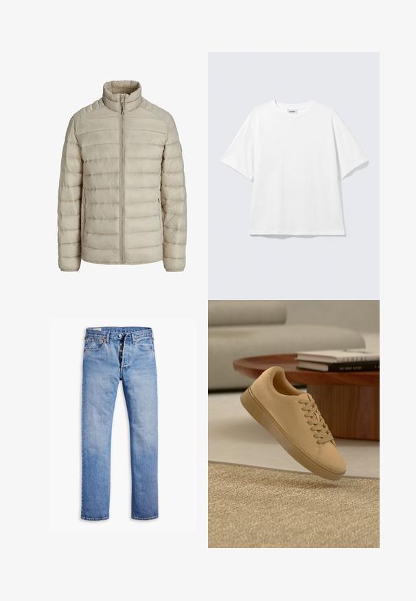 Beige gesteppte leichte Jacke mit horizontalen Nähten, Stehkragen, durchgehendem Frontreißverschluss und seitlichen Reißverschlusstaschen.; Weißes oversized T-Shirt mit kurzen Ärmeln und Rundhalsausschnitt mit eingesetzten Schultern, flach auf hellgrauem Hintergrund.; Helle blaue Jeans mit geradem Bein, Fünf-Knopf-Verschluss, Gürtelschlaufen und dezentem Verblassen. Verfügt über zwei Fronttaschen und kupferfarbene Nieten.; Beiger geschnürter Sneaker, der über einem strukturierten Teppich mit Holzcouchtisch und gestapelten Büchern im verschwommenen Hintergrund schwebt.