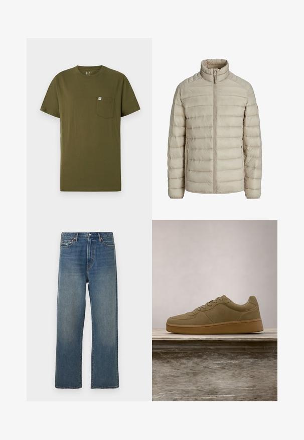 Beige gesteppte leichte Jacke mit horizontalen Nähten, Stehkragen, durchgehendem Frontreißverschluss und seitlichen Reißverschlusstaschen.; Olivenfarbiges Baumwoll-T-Shirt mit Rundhalsausschnitt, kurzen Ärmeln und einer Brusttasche auf der linken Seite, die ein kleines Markenetikett trägt. Glatte Textur.; Blaue gerade geschnittene Denim-Jeans mit leichter Verwaschung, Fünf-Taschen-Design, Gürtelschlaufen und Vorderknopfverschluss.; Olivgrüner Sneaker mit Schnürsenkeln schwebt über einer Holzbank, im Hintergrund unscharfes grünes Laub.
