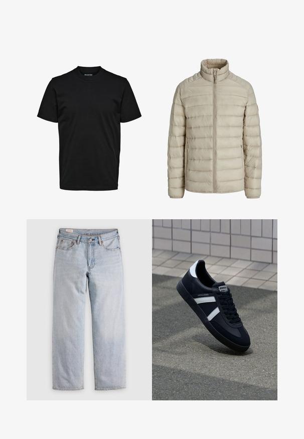 Beige doorgestikte lichte jas met horizontale steken, opstaande kraag, volledige frontritssluiting en ritssluitbare zijzakken.; Eenvoudig zwart T-shirt met korte mouwen, ronde hals en een normaal model zonder zichtbare patronen of logo's.; Lichtblauwe rechte jeans met een hoge taille, knoopsluiting en voor- en achterzakken, gepresenteerd op een vlakke ondergrond.; Zwarte leren sneaker met witte strepen, een gestructureerde rubberen zool en vetersluiting aan de voorkant. Voorzien van een merklabel op de tong.
