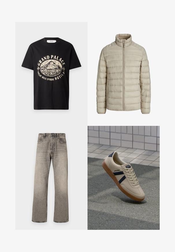 Beige doorgestikte lichte jas met horizontale steken, opstaande kraag, volledige frontritssluiting en ritssluitbare zijzakken.; Zwart katoenen t-shirt met een beige grafische print van een berg en de tekst "Grand Palace Replay Belle Epoque Hotel." Eenvoudig ontwerp met ronde hals.; Lichtgrijze, wijde jeans van denim met een vervaagde afwerking. Voorzien van een traditionele vijf-pocket ontwerp en een riemlus tailleband.; Beige sneaker met een textuurafwerking, marineblauwe strepen en een rubberen zool. Heeft een gevoerde tong en een traditioneel vetersysteem voor een veilige pasvorm.
