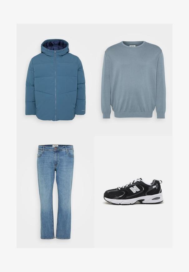 Blå polstret jakke med hætte, der har en frontlynlås, en tekstureret finish og diagonale syninger på kroppen.; Lyseblå sweater lavet af strikket stof, med rund halsudskæring og ribbede manchetter og kant. Enkel design med en blød tekstur.; Blå straight-leg denim jeans med knap- og lynlås, for- og baglommer samt synlig syning på hvid baggrund.; Sorte og grå sportssko med mesh og ruskind på overdelen, der har en hvid mellemsål, snørebånd og et iøjnefaldende "N" logo på siden.