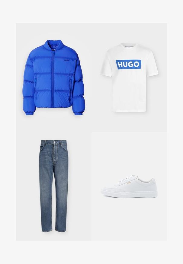 Blaues Puffer-Jacket mit hohem Kragen, Reißverschlussfront und zwei Seitentaschen. Hergestellt aus einem glatten Material mit gesteppte Abschnitten.; Weißes T-Shirt mit kurzen Ärmeln und einem blauen rechteckigen Logo mit dem Schriftzug „HUGO“ in der Mitte der Brust.; Gerade geschnittene blaue Jeans aus Denim mit hoher Taille, Frontknopfverschluss und Fünf-Taschen-Design auf einem schlichten hellen Hintergrund.; Weiße Leder-Sneaker mit glatter Textur, runder Zehenpartie und tonal abgestepptem Design. Mit blauen Schnürsenkeln und einem goldenen Logo an der Seite.