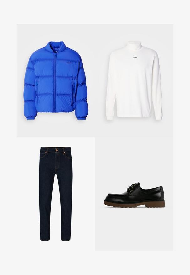 Blauwe pufferjack met een hoge kraag, ritssluiting aan de voorkant en twee zijzakken. Gemaakt van een gladde stof met gequiltte secties.; Witte langemouwen turtleneck-shirt van zachte stof, met een subtiele zwarte "HUGO"-logo op de voorkant en aansluitende manchetten.; Donkerblauwe denim jeans met een slim fit, contrasterende oranje stiksels en een klassieke knoopsluiting. Voorzien van voorkruiden en taps toelopende benen.; Zwarte lage leren schoen met dikke bruine geribbelde zool, veterluiting aan de voorkant en gouden "Hugo" logo op het zijpaneel.