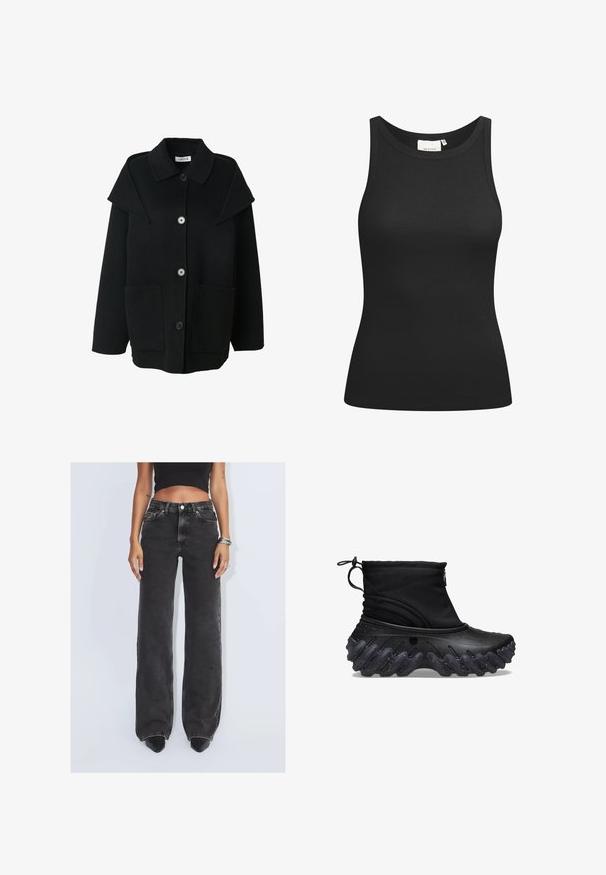 Schwarze Außenjacke aus einem Wollmix, mit Kragen, großen Fronttaschen und Knopfleiste. Strukturierte Passform mit einem lässigen Schnitt.; Schwarzes Tanktop aus Rippstoff mit Rundhalsausschnitt und figurbetonter Passform. Flache Nähte und keine Verzierungen. Einfaches und elegantes Design.; Frau trägt hochtaillierte, ausgewaschene schwarze Wide-Leg-Jeans, schwarzes Crop-Top, schwarze spitze Schuhe, silberne Armbänder und Ringe.; Schwarze Knöchelboots mit einem weichen Textiloberteil und einer strukturierten, welligen Gummisohle. Mit einem Reißverschluss und einem verstellbaren Kordelzug für einen sicheren Sitz.