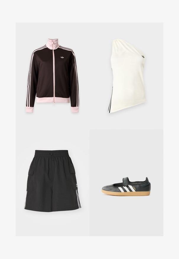 Schwarze und pinke Adidas Trainingsjacke mit durchgehendem Reißverschluss, pinken Streifen an den Ärmeln, pinken Bündchen und Kragen sowie Adidas-Logo auf der Brust.; Einschultriges Top aus cremefarbenem Stoff mit leichtem Glanz, kontrastierenden schwarzen Streifen an der Seite und kleinem schwarzem Logo auf der Schulter.; Schwarze Cargo-Shorts aus leichtem Material, mit elastischem Bund, Kordelzugverschluss, seitlichen Taschen und weißen Seitengürteln.; Schwarze Leder- und Wildledersneaker mit einem Klettverschluss, ausgestattet mit drei weißen Streifen und einer Gummisohle, beschriftet mit "SAMBA" an der Seite.