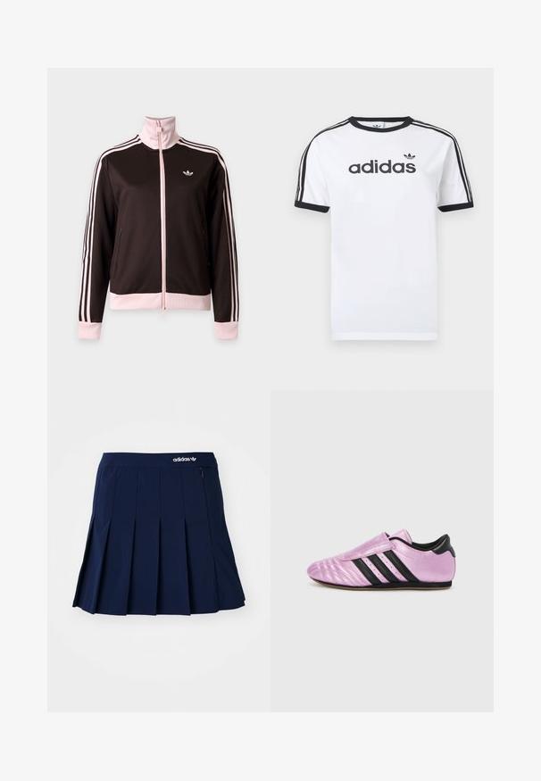 Čierno-ružová Adidas športová bunda s celým zipsom, ružové pruhy na rukávoch, ružové manžety a golier a logo Adidas na hrudi.; Biele bavlnené tričko s čiernymi akcentmi, so zapínaním okolo krku, krátkymi rukávmi, tromi čiernymi pruhmi na ramenách a čiernym logom „adidas“.; Námornícky skládací sukňa vyrobená z ľahkého materiálu; má elastický pás a malú zipsovú kapsu, s bielym logom Adidas vpredu.; adidas Originals TAEKWONDO W - Tenisky - purple bliss/lilac/core black