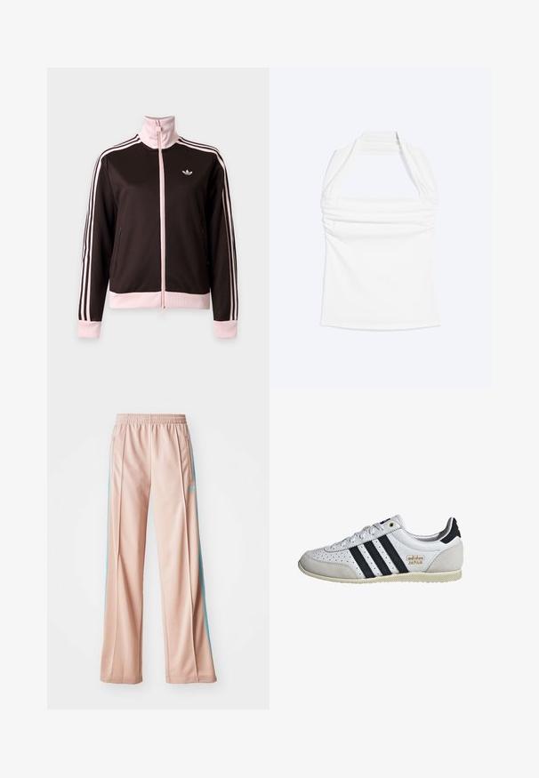 Schwarze und pinke Adidas Trainingsjacke mit durchgehendem Reißverschluss, pinken Streifen an den Ärmeln, pinken Bündchen und Kragen sowie Adidas-Logo auf der Brust.; Weißes Neckholder-Top mit geradem Ausschnitt und Raffung an der Brust, vor einem schlichten, hellen Hintergrund gezeigt.; Helle rosa Sporthosen mit entspannter Passform, ausgestattet mit blauen Seitenstreifen und einem Kordelzugbund. Hergestellt aus glattem, leichtem Stoff.; Weiße Sneaker mit schwarzen Streifen und goldener Markenkennzeichnung. Verfügt über Materialien aus Wildleder und Leder, ein durchlässiges Obermaterial und eine strukturierte Gummisohle.