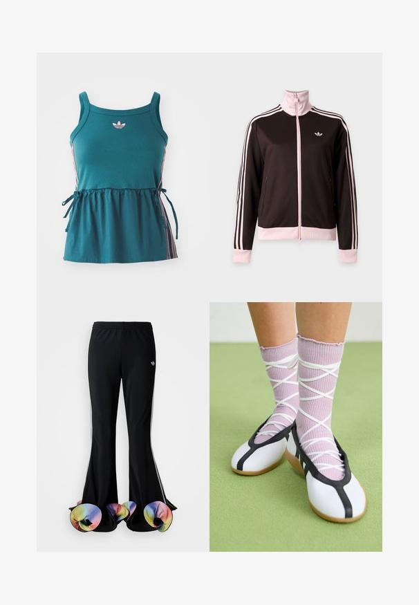 Veste de survêtement Adidas noire et rose avec fermeture éclair complète, bandes roses sur les manches, poignets et col roses, et logo Adidas sur la poitrine.; Haut sans manches teal avec taille froncée, rayures latérales roses et logo brodé. Fabriqué en matériau doux avec une coupe décontractée et des accents à nouer.; Pantalons de sport noirs avec un design large et évasé. Présentent des ourlets inférieurs colorés et froncés ainsi que des rayures blanches sur les côtés. Fabriqués en tissu extensible.; Jambes portant des chaussettes lavande côtelées avec des brides blanches croisées, associées à des ballerines blanches avec un bord noir sur un sol vert.