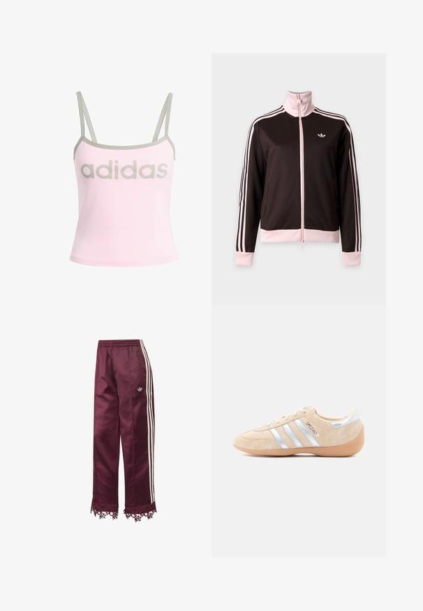 Čierno-ružová Adidas športová bunda s celým zipsom, ružové pruhy na rukávoch, ružové manžety a golier a logo Adidas na hrudi.; Svetloružový tielko s šedým lemovaním a nastaviteľnými tenkými ramienkami, so veľkým, centrálnym šedým logom "adidas". Bavlnený materiál.; Tmavočervené saténové tepláky s bielymi bočnými pásikmi, elastickým pásom, vreckami na zips a čipkovaným lemom na spodku.; Béžová semišová teniska so striebornými akcentmi, tromi bočnými pásikmi, gumovou podrážkou a textúrovanými detailmi na špičke a päte.