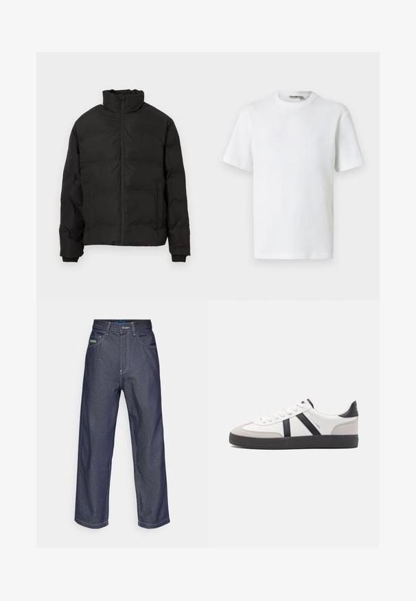 Chaqueta de invierno acolchada negra con cuello alto, cremallera frontal y bolsillos laterales, exhibida sobre un fondo blanco.; Camiseta blanca de manga corta con cuello redondo y tejido de waffle, con una pequeña etiqueta de la marca en el interior del cuello, mostrada sobre un fondo liso.; Vaqueros anchos de un oscuro azul en tela de mezclilla con costuras en blanco. Cuenta con cinco bolsillos y un pequeño parche de logo verde en la parte frontal.; Zapatilla blanca con acentos en negro y gris, que presenta una puntera texturizada en gris, suela de goma negra y cordones planos blancos. Diseño limpio, estilo minimalista.