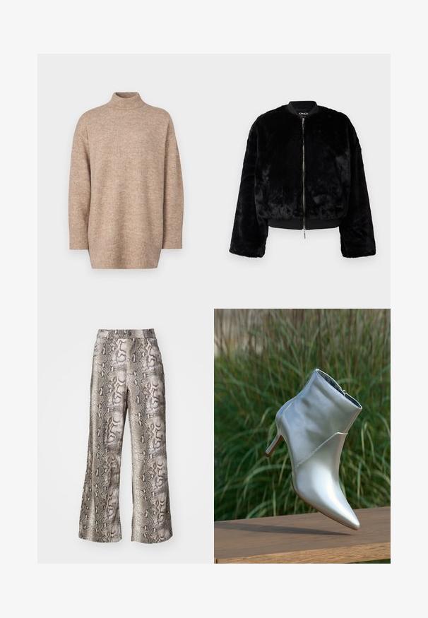 Veste bomber en fausse fourrure noire avec fermeture éclair à l'avant, col côtelé et manches larges. Texture douce et design court.; Pull en tricot beige avec un col roulé haut, des épaules tombantes et un ourlet côtelé, offrant une texture douce et une coupe décontractée.; Pantalons à larges jambes avec un imprimé serpent, présentant un mélange de nuances de gris, marron et beige, fabriqués dans un tissu lisse avec un léger éclat.; Botte de cheville argentée brillante à talons hauts avec un bout pointu et une fermeture éclair, posée sur une surface en bois devant un arrière-plan de gazon vert.